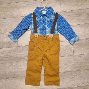 NEW Cat & Jack Baby Boy 3 piece Plaid Blue 6-9 months suspenders Fall Outfit Set
